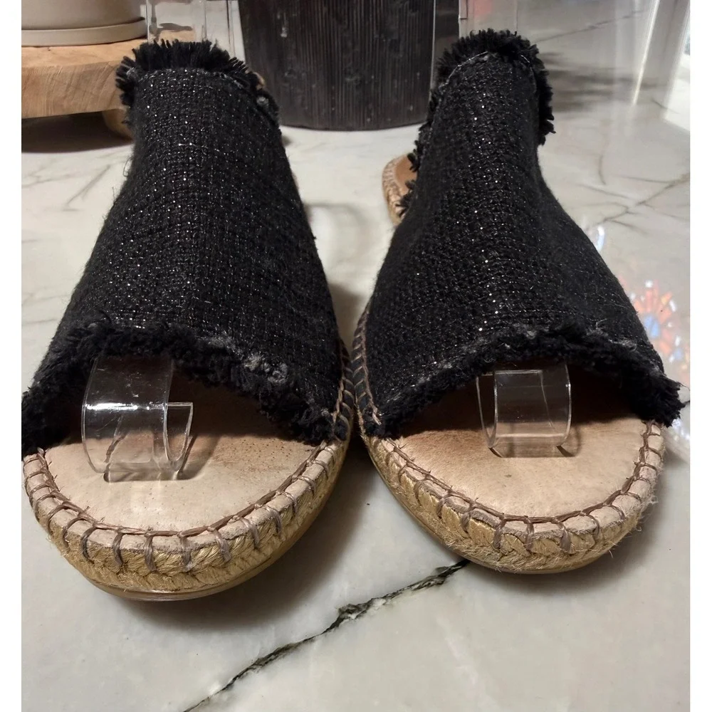 Eric Michael Handmade in Spain Black Shimmer Fringe Espadrille Slides Sz 39 8.5